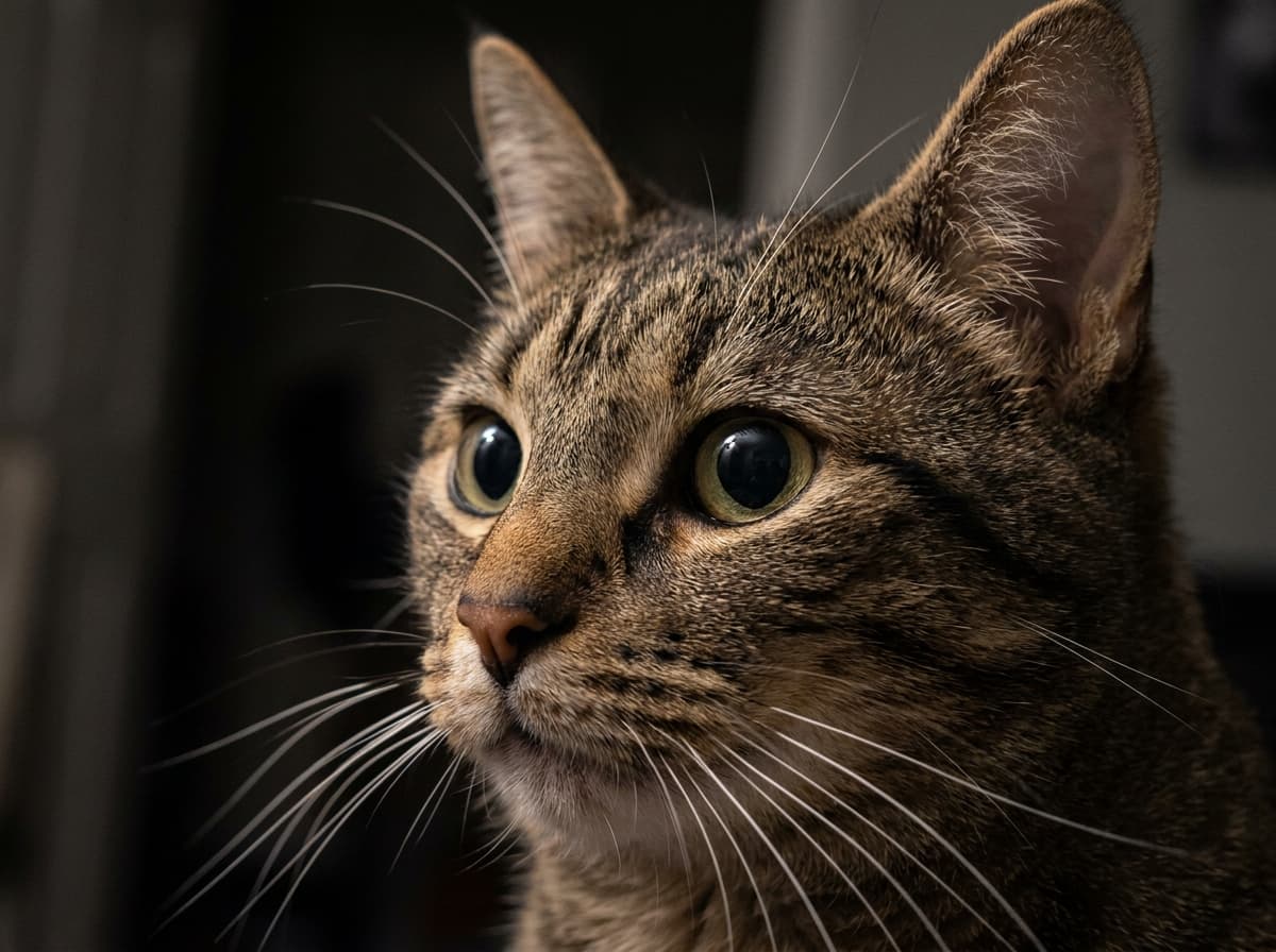 Whiskers Forward — Cat with whiskers angled forward, focused intently
