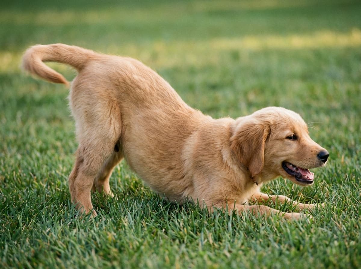 The Play Bow — Dog in play bow position, front legs lowered