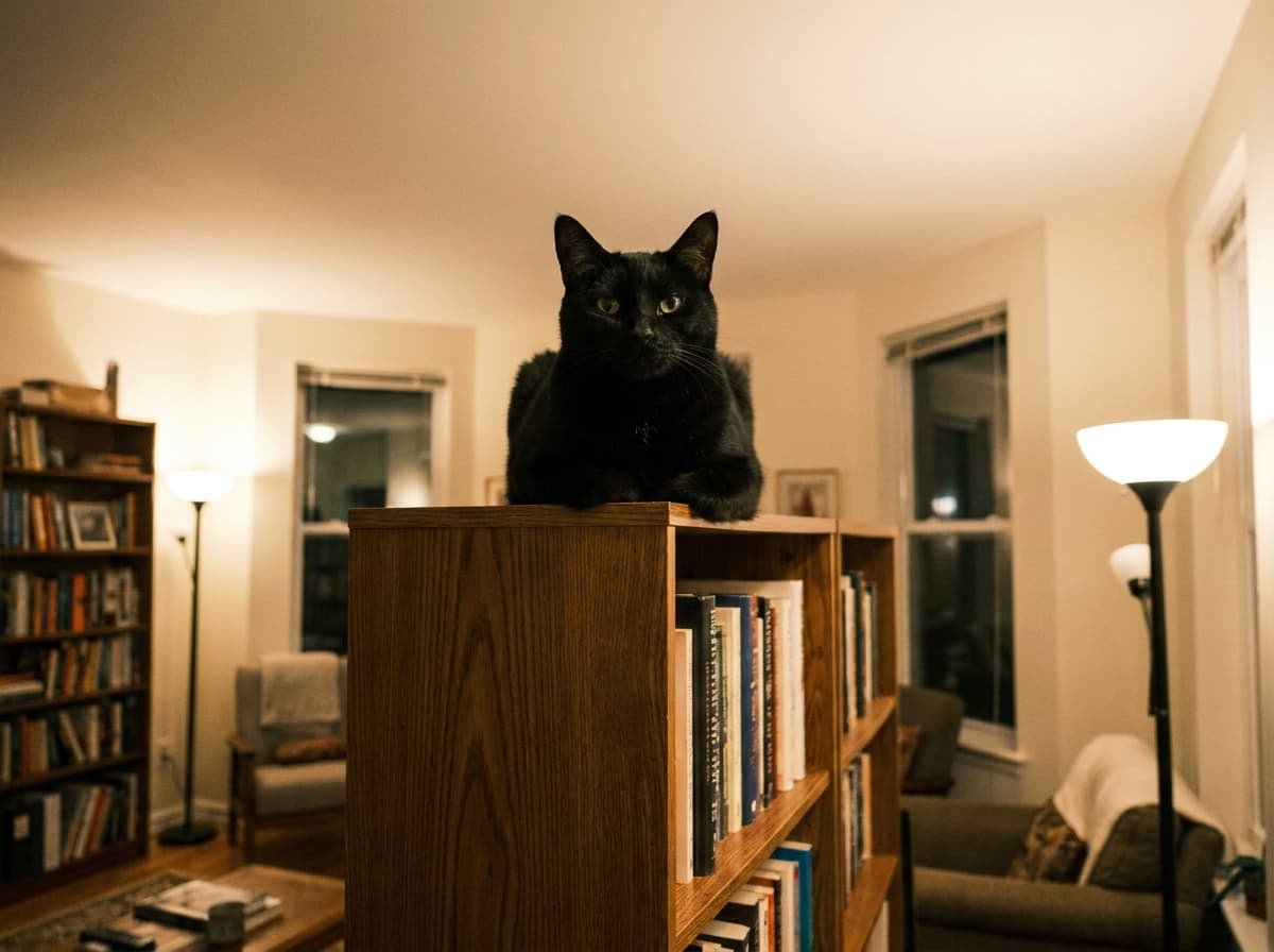 The High Perch — Cat on top of a tall bookshelf, surveying the room